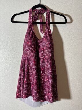 Sol Borne NEW Women's Size L Halter Burgandy Wine Paisley Tankini Swim Top